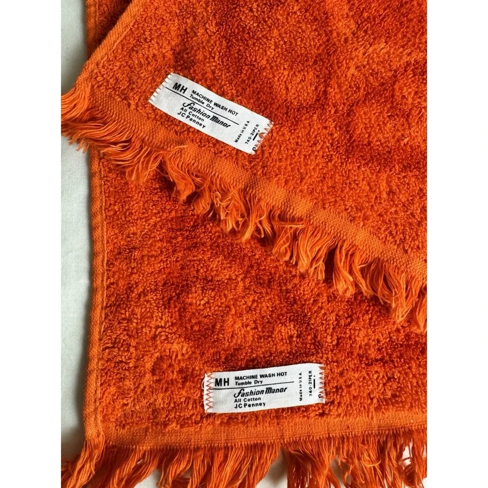 VTG JC Penney Textured Bath & Hand Towel Set Orange 70s MCM Sculpted